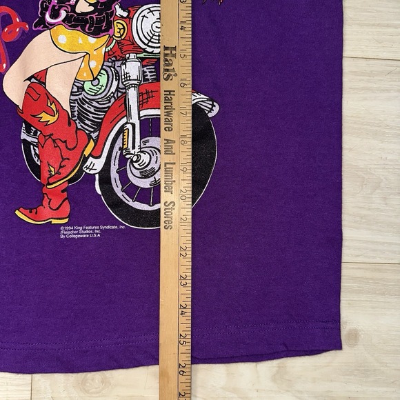 VINTAGE BETTY BOOP LONG SLEEVE T SHIRT Medium 90s MOTORCYCLE PURPLE CARTOON 1994 - Picture 7 of 9
